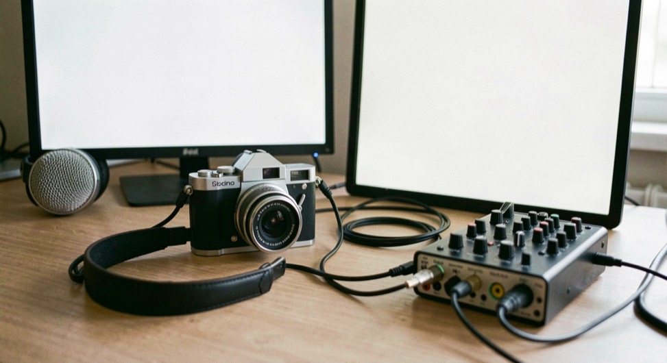 Documentary photograph of a small camera, microphone, headphones and audio interface arranged for a local recording, blank screens, soft studio daylight. Distinct section Medienproduktion 1 composition for this editorial entry.