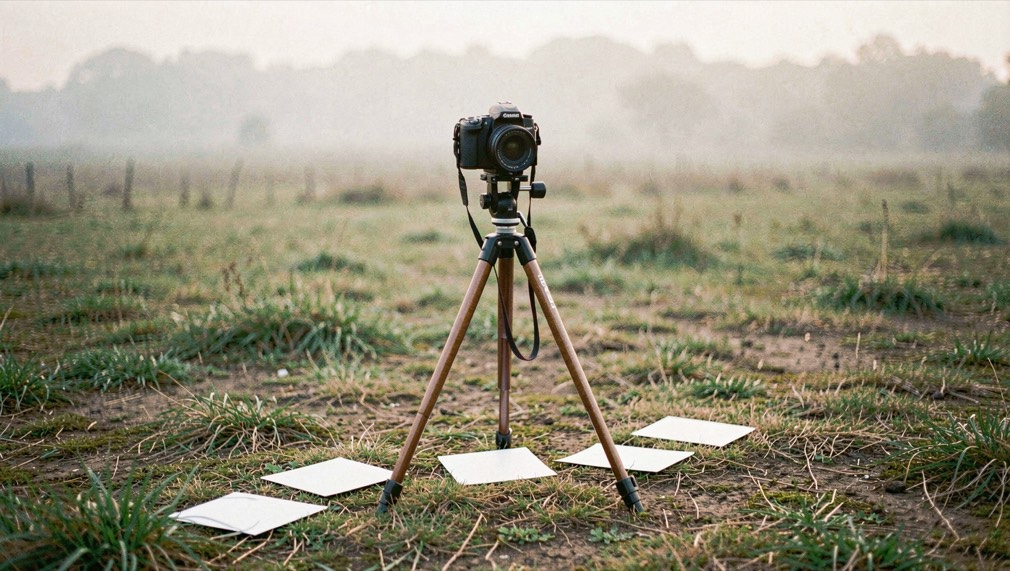 Documentary photograph of a camera on a simple tripod facing a quiet landscape, several blank exposure cards on the ground, no readable text, hazy morning light. Distinct section Medienproduktion 2 composition for this editorial entry.