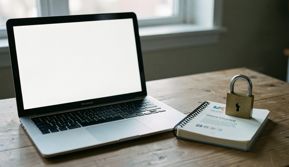 Documentary photograph of a laptop with a blank screen beside a small browser privacy notebook and a closed padlock, no readable interface, cool side light. Distinct home journal 1 composition for this editorial entry.