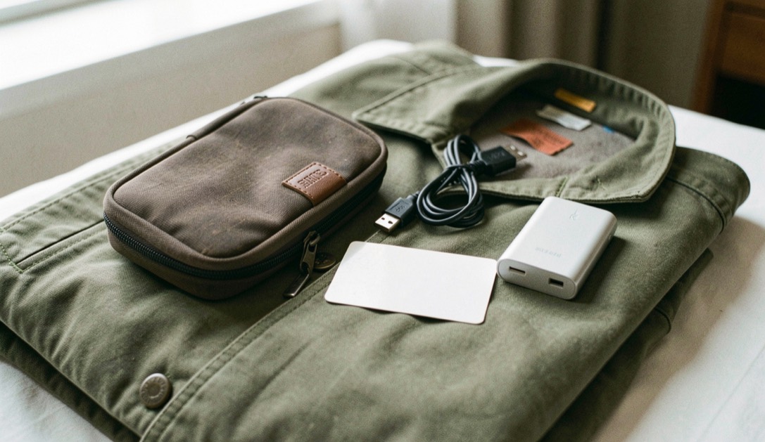 Documentary photograph of a travel pouch, charging cable, passport-sized blank card and compact power bank on a folded jacket, no readable text, hotel daylight. Distinct home journal 2 composition for this editorial entry.