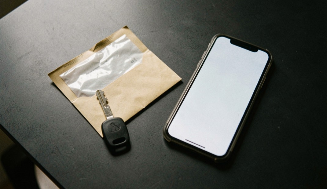 Documentary photograph of a spare security key, a sealed envelope and a phone with a blank screen on a dark table, no readable text, careful side light. Distinct home journal 4 composition for this editorial entry.