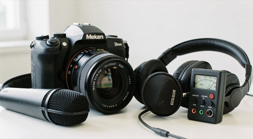 Documentary photograph of a camera, microphone, headphones and a small audio meter ready for a test recording, no visible labels or screens, clean studio light. Distinct section Medienproduktion 3 composition for this editorial entry.