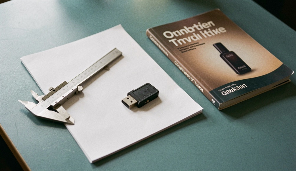 Documentary photograph of a blank comparison sheet, a caliper, a USB drive and two closed software manuals on a blue-green table, no readable text, soft light. Distinct home journal 8 composition for this editorial entry.