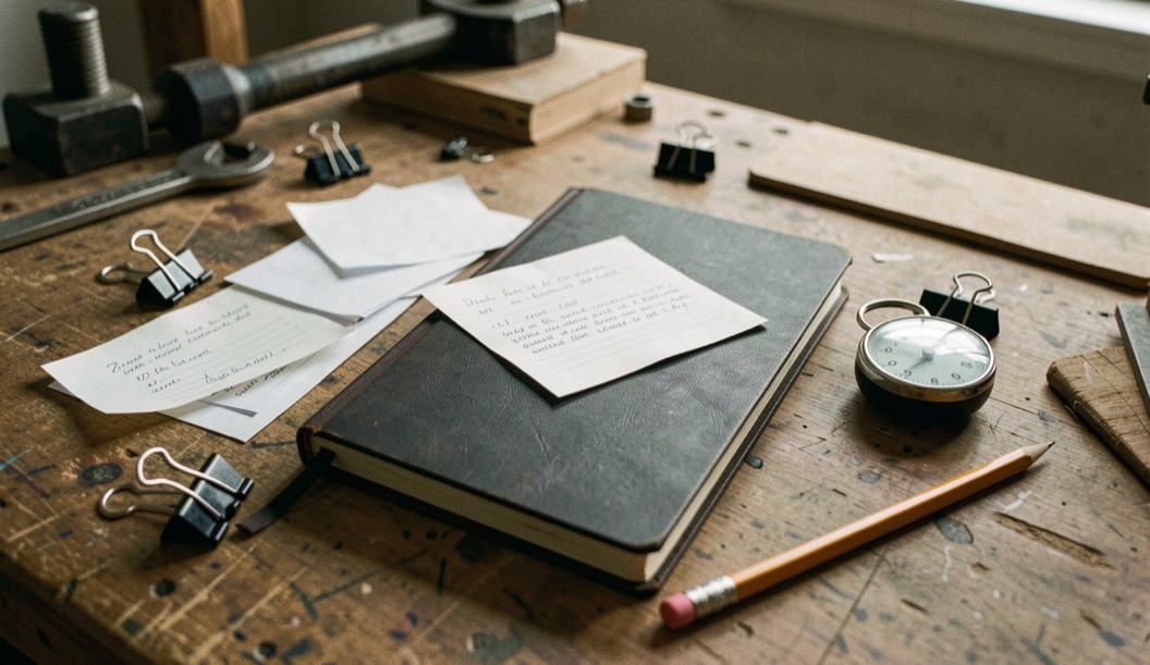 A quiet desk in daylight, a laptop screen showing a plain text editor with an XML-like stream, a notebook and a pen beside it, shot from a slight angle, no readable text, no people. Distinct home journal 3 composition for this editorial entry.